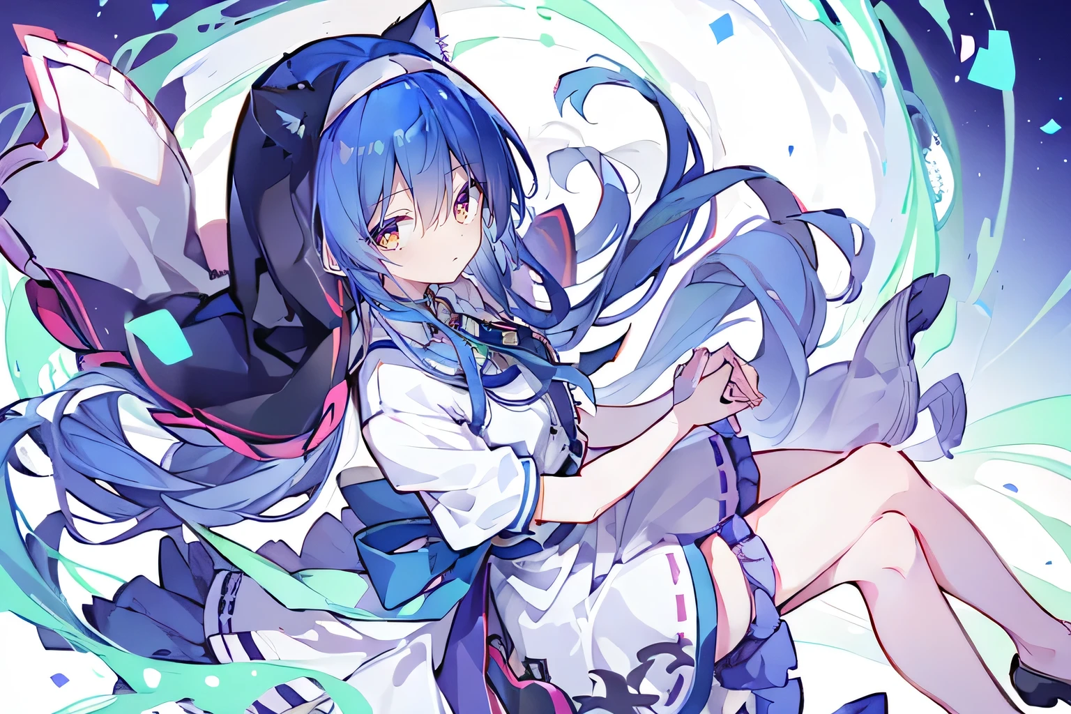 (masterpiece:1.2),Extremely detailed,Practical,expressive eyes,Fair skin,Perfect face shaping,1 Girl,
Japanese cartoons,Gorgeous blue hair, the long flowing blue hair,Floating clothes,Cat ears,Petals fall,beautiful lola,Young Angel,
Place your hands on your waist,sit elegantly on the ground,Cross your legs,Gentle and peaceful background,stately church,nun.