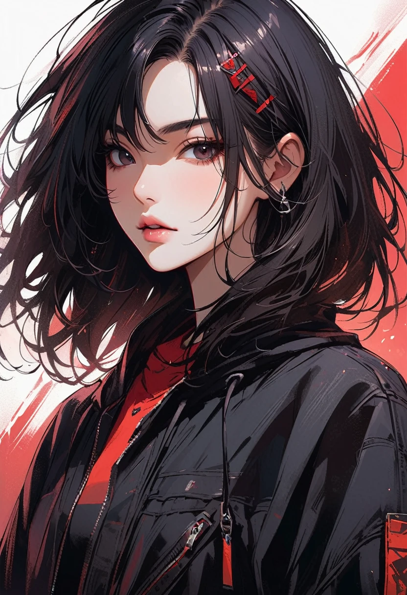 Highest quality、8k、masterpiece:1.3、Gothic Punk、The inside color is red、Black-haired、hair ornaments、Beautiful girl、creative、Dark Fantasy Style、Neogoth、Goth Fashion:1.2、High resolution、masterpiece、Highest quality、頭w:1.3、((Hasselblad Photos))、Fine skin、Sharp focus、(Cinematic lighting)、Realistic textured hair、((Black Mask))