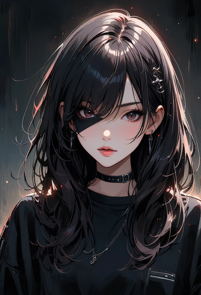 Highest quality、8k、masterpiece:1.3、Gothic Punk、The inside color is red、Black-haired、hair ornaments、Beautiful girl、creative、Dark Fantasy Style、Neogoth、Goth Fashion:1.2、High resolution、masterpiece、Highest quality、頭w:1.3、((Hasselblad Photos))、Fine skin、Sharp focus、(Cinematic lighting)、Realistic textured hair、((Black Mask))