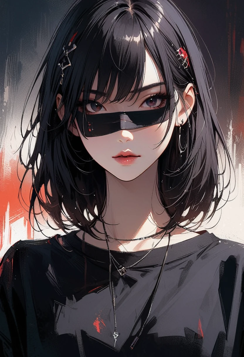 Highest quality、8k、masterpiece:1.3、Gothic Punk、The inside color is red、Black-haired、hair ornaments、Beautiful girl、creative、Dark Fantasy Style、Neogoth、Goth Fashion:1.2、High resolution、masterpiece、Highest quality、頭w:1.3、((Hasselblad Photos))、Fine skin、Sharp focus、(Cinematic lighting)、Realistic textured hair、((Black Mask))