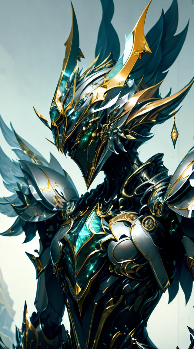 (masterpiece:1.2)、top quality、High resolution、Unity 8k Wallpaper、(revelation:1.0)、Beautiful details、Very detailed、Perfect lighting、Extremely detailed CG、radiant eyes、Backlighting、
 Silver armor（The color is copper"plating".）、Forged_trumpet、shine、full_armor、war frame、platinum、human creature_robot、Bania、helmet mask、sample_background、Look at the very noble plane spectators、solo、view、Spear and shield（Set with black stones）、Sharp feathers（Set with green gemstones）