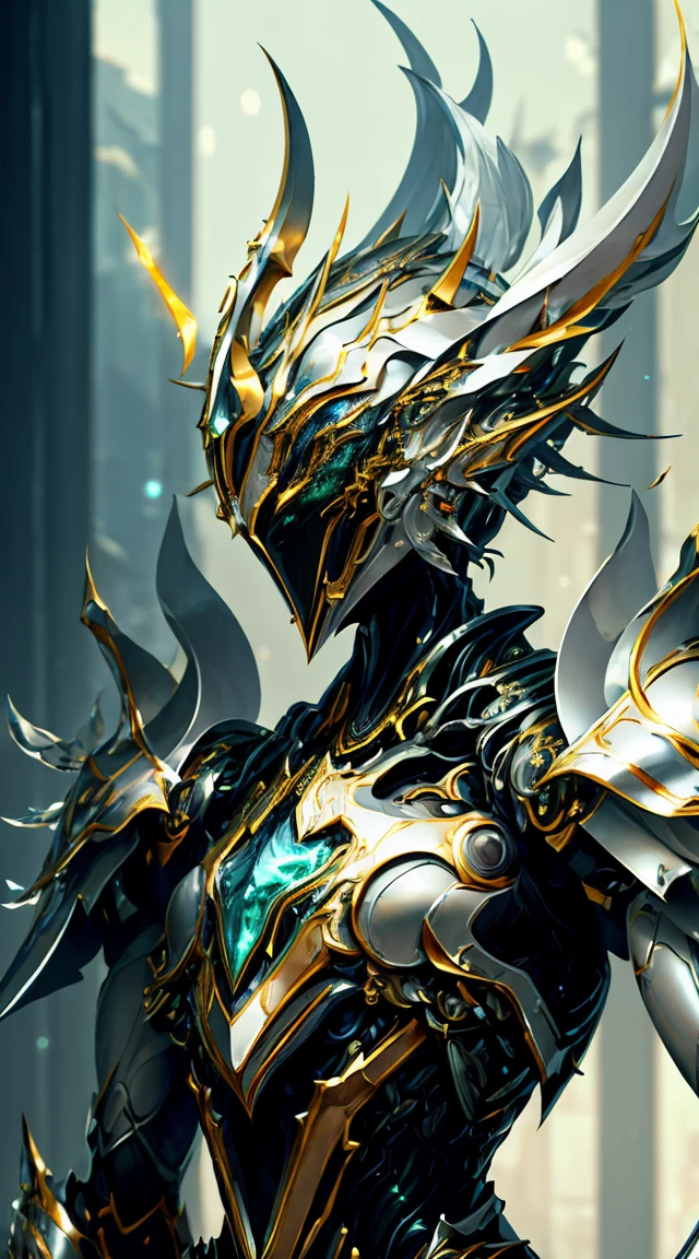 (masterpiece:1.2)、top quality、High resolution、Unity 8k Wallpaper、(revelation:1.0)、Beautiful details、Very detailed、Perfect lighting、Extremely detailed CG、radiant eyes、Backlighting、
 Silver armor（The color is copper"plating".）、Forged_trumpet、shine、full_armor、war frame、platinum、human creature_robot、Bania、helmet mask、sample_background、Look at the very noble plane spectators、solo、view、Spear and shield（Set with black stones）、Sharp feathers（Set with green gemstones）