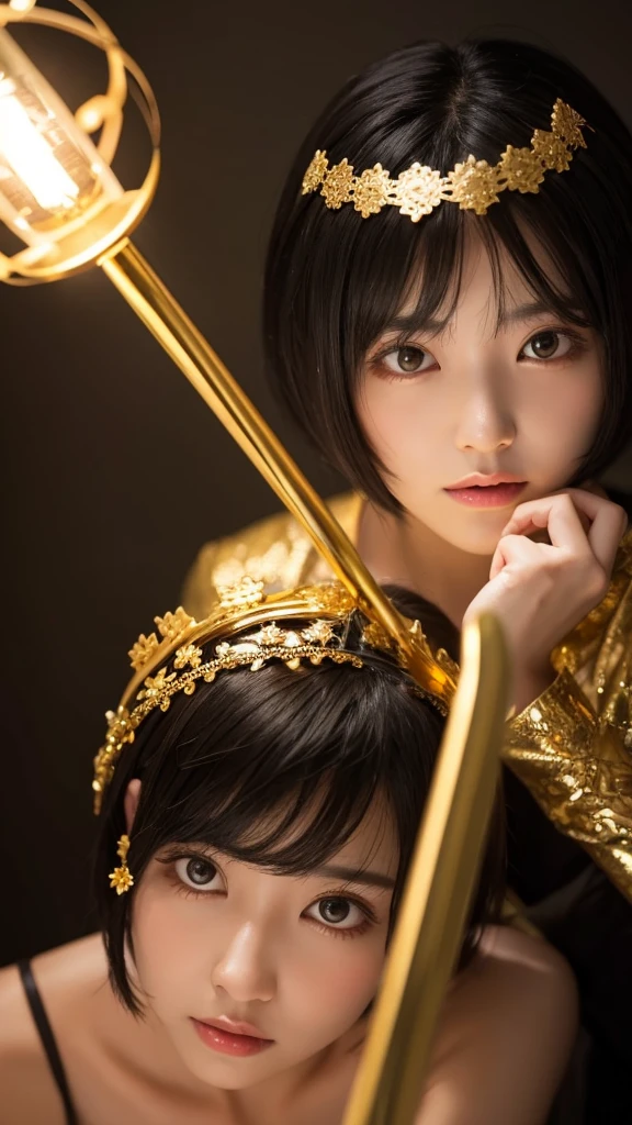 woman gold mystery Light crown blackhair short hair