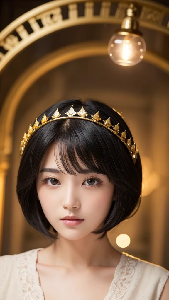 woman gold mystery Light crown blackhair short hair