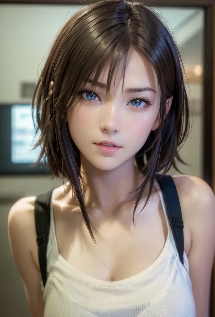 (In 8K、Photorealistic、RAW Photos、Highest quality: 1.3)、(One Girl)、Beautiful Eyes、Super Beauty、(True Face)、(boyish、Natural color very short hair)、Open-chested T-shirt、Captivate your audience、Beautiful expression、Lover&#39;s point of view、（Realistic Skin）、Beautiful smile、（soldier）、Charm、Ultra-high resolution、Surreal、High definition、Hanikami