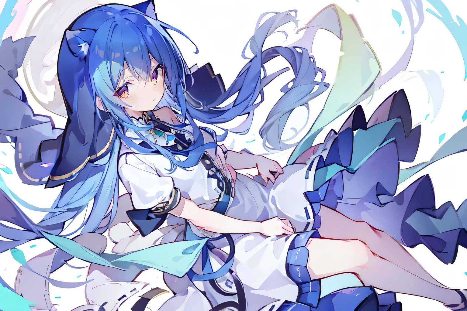 (masterpiece:1.2),Extremely detailed,Practical,expressive eyes,Fair skin,Perfect face shaping,1 Girl,
Japanese cartoons,Gorgeous blue hair, the long flowing blue hair,Floating clothes,Cat ears,Petals fall,beautiful lola,Young Angel,
Place your hands on your waist,sit elegantly on the ground,Cross your legs,Gentle and peaceful background,stately church,nun.