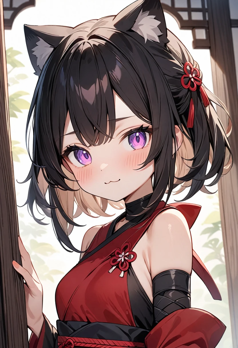 (masterpiece, top quality, very aesthetic, 4k、illustration), intricate detail, 1girl,Standing 、(upper body)、;3、;3、(;3),Cute 、Random Hair Color、,middle hair,sidelock ,Random Color eyes、ninja clothes、small breasts、Slim 、