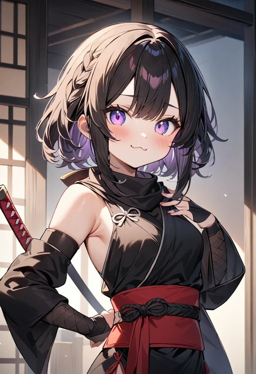 (masterpiece, top quality, very aesthetic, 4k、illustration), intricate detail, 1girl,Standing 、(upper body)、;3、;3、(;3),Cute 、Random Hair Color、,middle hair,sidelock ,Random Color　eyes、ninja clothes、small breasts、Slim 、