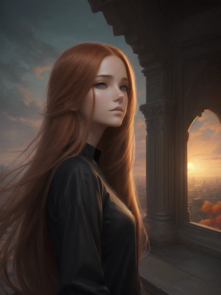 (high quality, ArtStation, Relax Art, fantasy style:1.2), (A beautiful girl, from side, looking at viewer), (long messy ginger hair), (black shirt), (palace rooftop, autumn)
