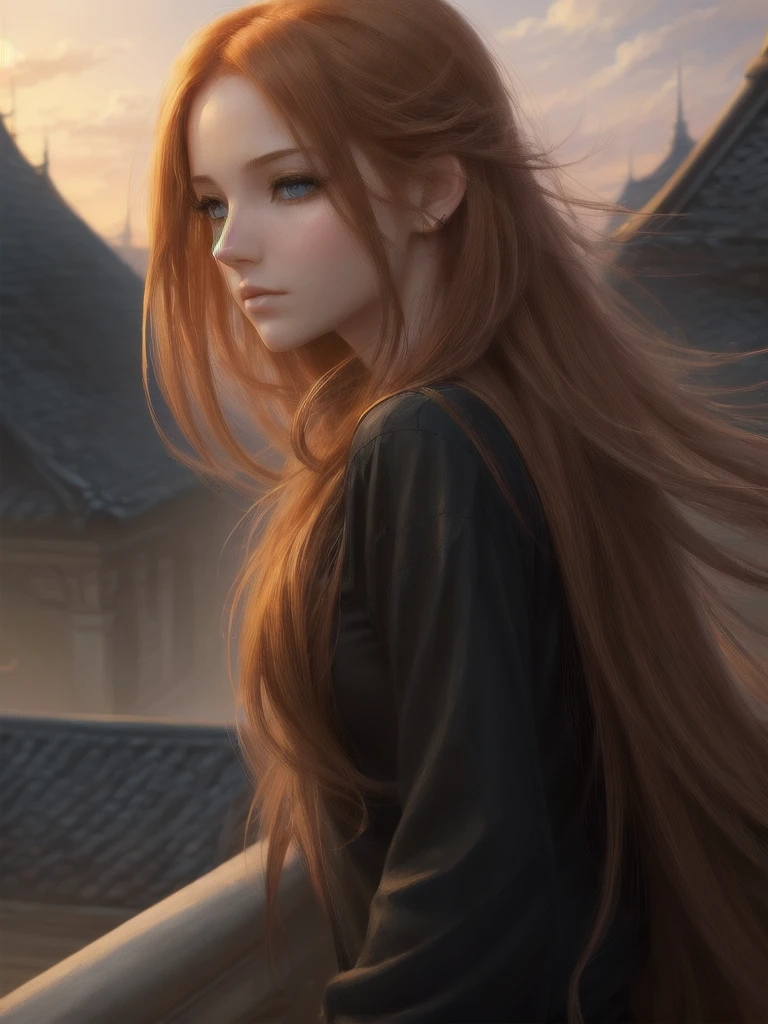 (high quality, ArtStation, Relax Art, fantasy style:1.2), (A beautiful girl, from side, looking at viewer), (long messy ginger hair), (black shirt), (palace rooftop, autumn)