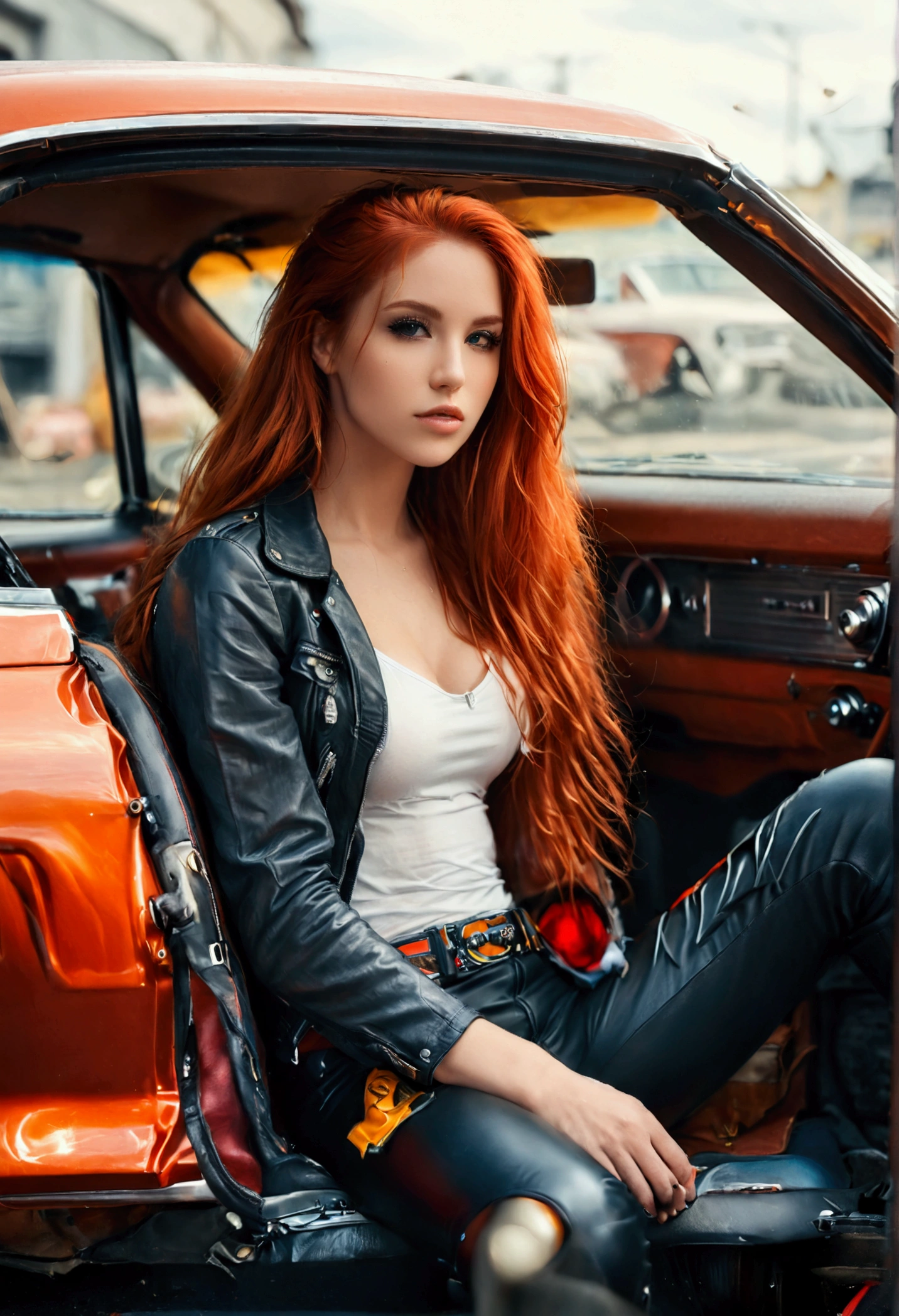 ultra realistic, photography, long red hair, girl, 24 years old, hourglass figure, perfect body, small breasts, Flirty look, extremely detailed artgerm, in the style artgerm, facing the camera, lens 35 mm, blur background, black chevrolet camaro SS 1968, sitting in the drivers seat with door open and feet on the ground on the street, leather jacket, tight tshirt, leatherpants, leatherboots,