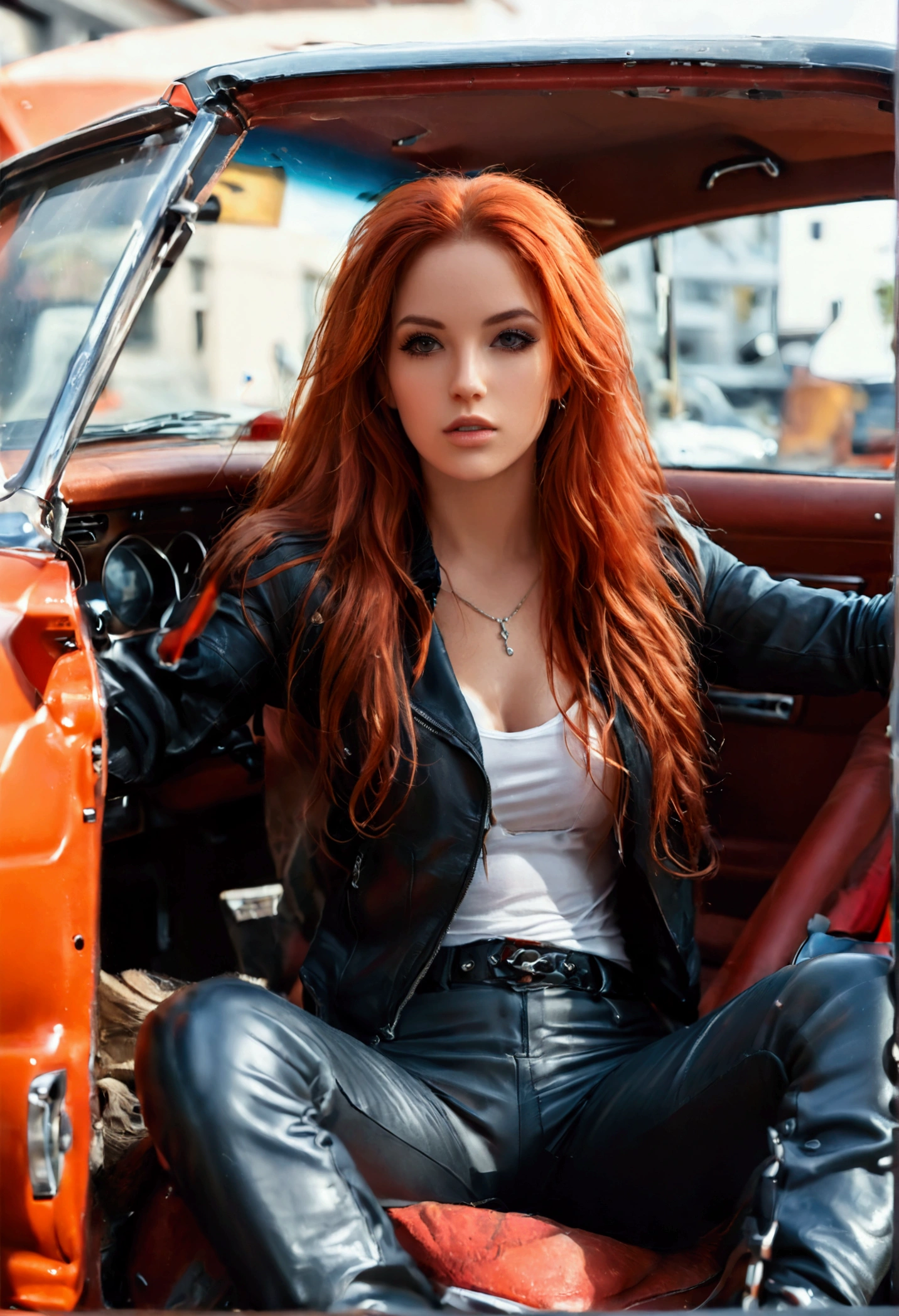 ultra realistic, photography, long red hair, girl, 24 years old, hourglass figure, perfect body, small breasts, Flirty look, extremely detailed artgerm, in the style artgerm, facing the camera, lens 35 mm, blur background, black chevrolet camaro SS 1968, sitting in the drivers seat with door open and feet on the ground on the street, leather jacket, tight tshirt, leatherpants, leatherboots,