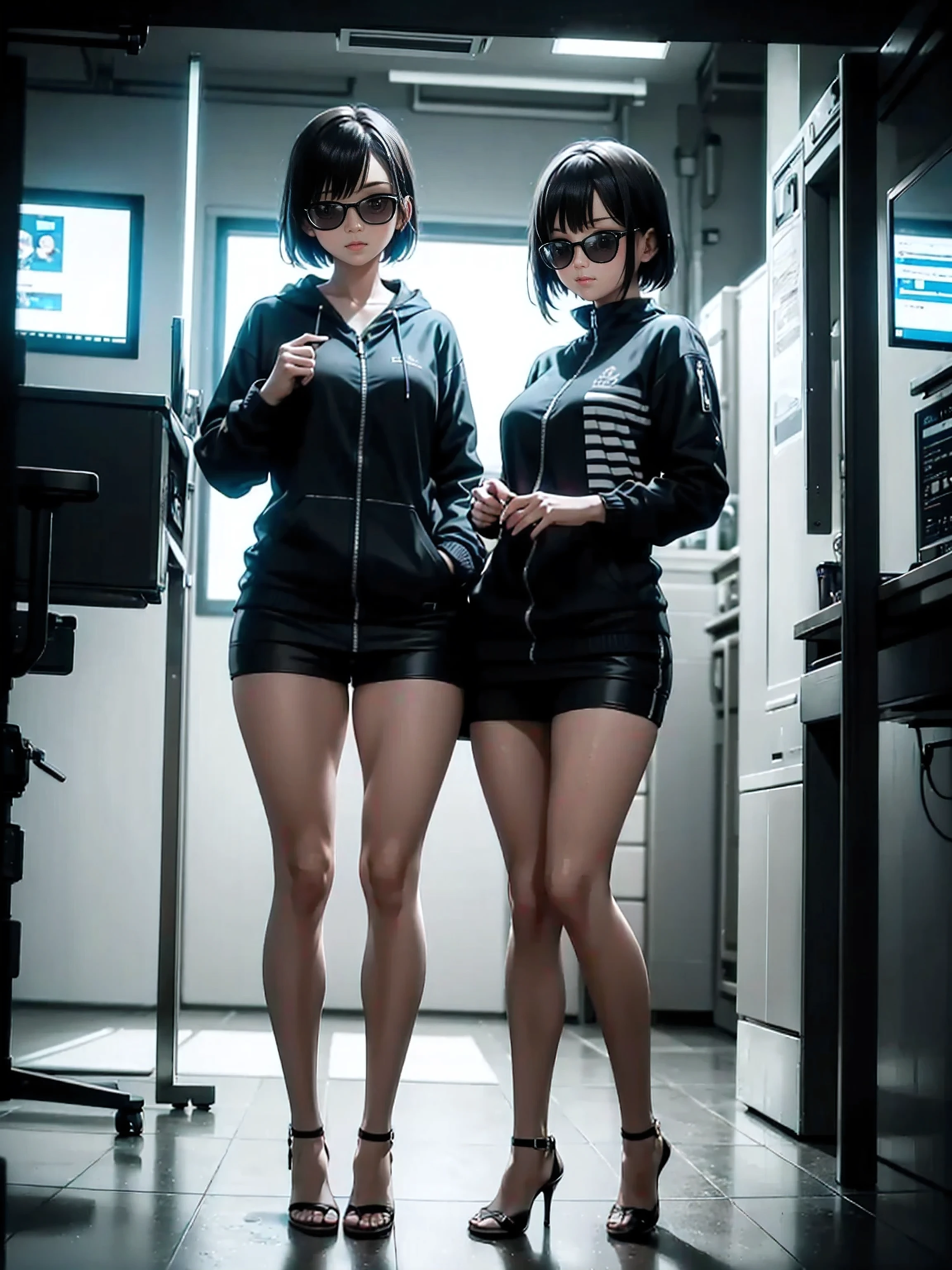 (whole body:ung girl'S, Smart Casual, Hacker Server Room, Detailed face, ((Cool look)), (Short, straight, thin bangs:1.2), Highly detailed photos, (Realistic), (Intricate details:1),(masterpiece :1), (Highest quality:1), 超High resolution, (Beautiful Eyes), (Features of Detailed face), High resolution, 8k resolution, (Lens flare:0.5), Light from afar, (smile, joy)