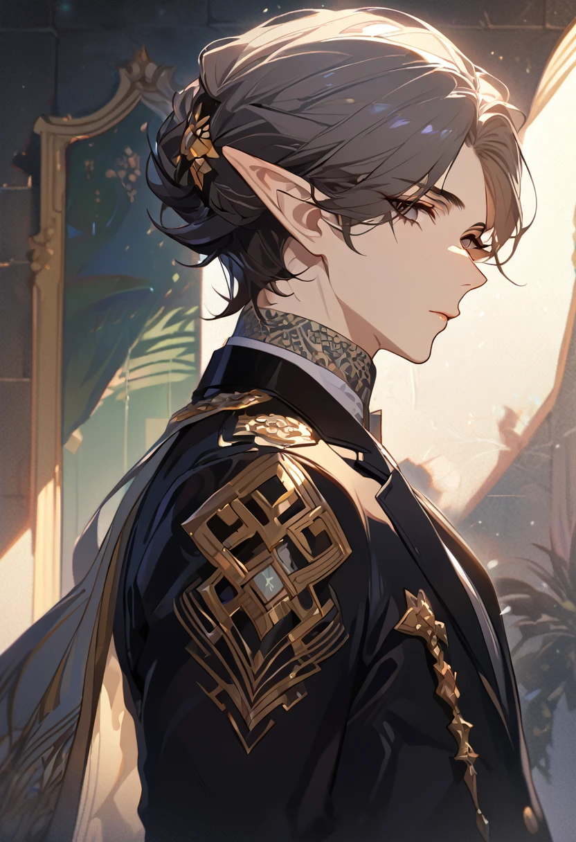 masterpiece, best quality, 8k ,4k , 1 male, elf, long ears elf, dark grayish hair, dark greenish eyes, hair ornament, finely detailed eyes and detailed face, looking at viewer, from side, meticulous clothes, formal clothes, combination of white and black coat, half cape by the shoulders, patterned clothes, majestic looks, sharp looks, shadows, inspired by Asukaziye artist : ask, art style : ask