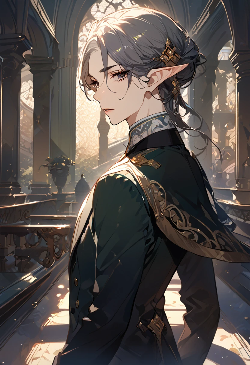 masterpiece, best quality, 8k ,4k , 1 male, elf, long ears elf, dark grayish hair, dark greenish eyes, hair ornament, finely detailed eyes and detailed face, looking at viewer, from side, meticulous clothes, formal clothes, combination of white and black coat, half cape by the shoulders, patterned clothes, majestic looks, sharp looks, shadows, inspired by Asukaziye artist : ask, art style : ask