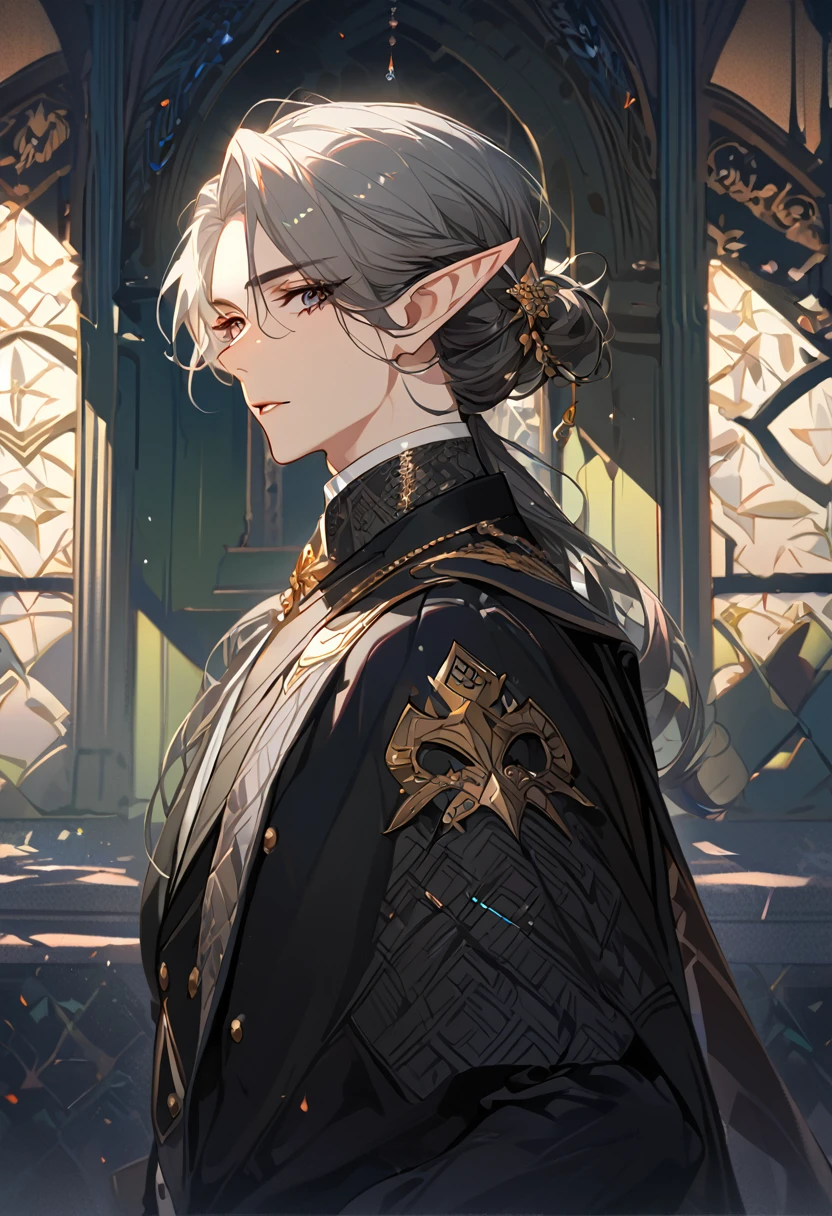 masterpiece, best quality, 8k ,4k , 1 male, elf, long ears elf, dark grayish hair, dark greenish eyes, hair ornament, finely detailed eyes and detailed face, looking at viewer, from side, meticulous clothes, formal clothes, combination of white and black coat, half cape by the shoulders, patterned clothes, majestic looks, sharp looks, shadows, inspired by Asukaziye artist : ask, art style : ask