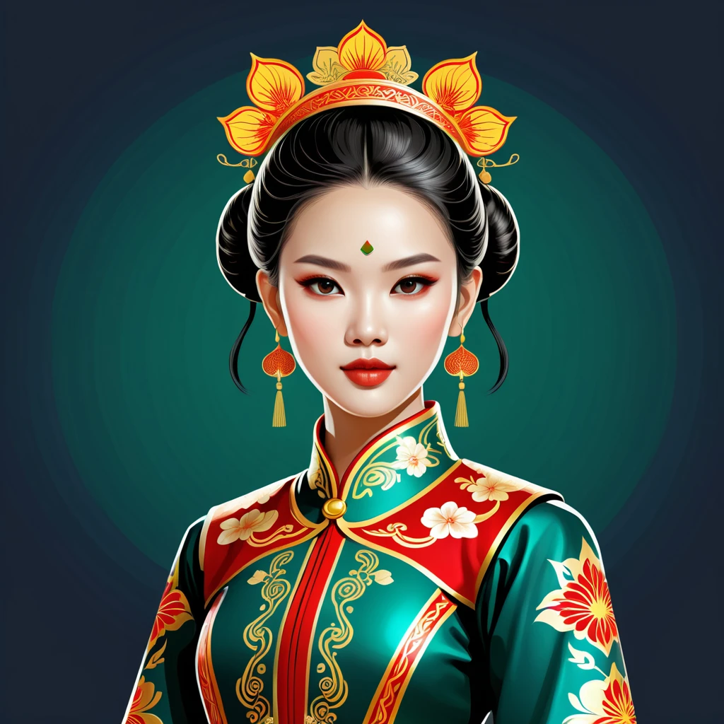 female android in vietnamese folk outfit ,vector graphics, strong contours, logo design
