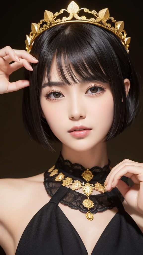 woman gold mystery Light crown blackhair short hair