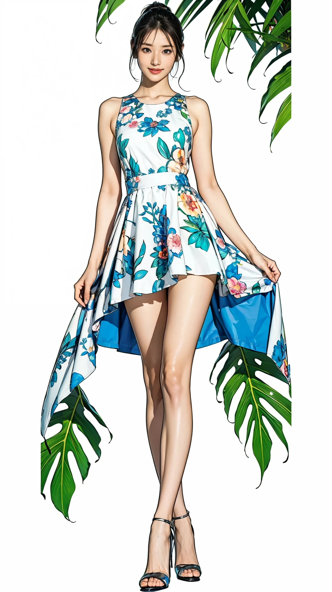 ((masterpiece)),(((Highest quality))),Character design sheet:1.5,Long legs,Slender figure:1.5,whole body:1.5,(One Girl:1.3),(Viewer Display:1.4),The best smile:1.5,(Pointy high heels:1.3),(Stand with legs apart:1.2),(Wearing a floral and plant print mini dress:1.2), Curly Hair:1.5,High waist:1.5,