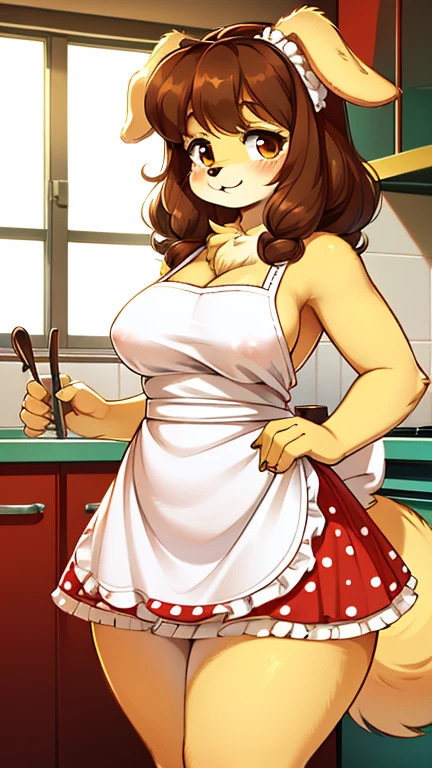 best quality, best resolution, solo, (fluffy anthro furry), golden retriever woman, 30 years old, brown hair, curly hair, dog ears, (light yellow fur), medium breast, thick thighs, (white dress with red polka dots, skirt apron, 60s curly hairstyle), 50s retro style kitchen