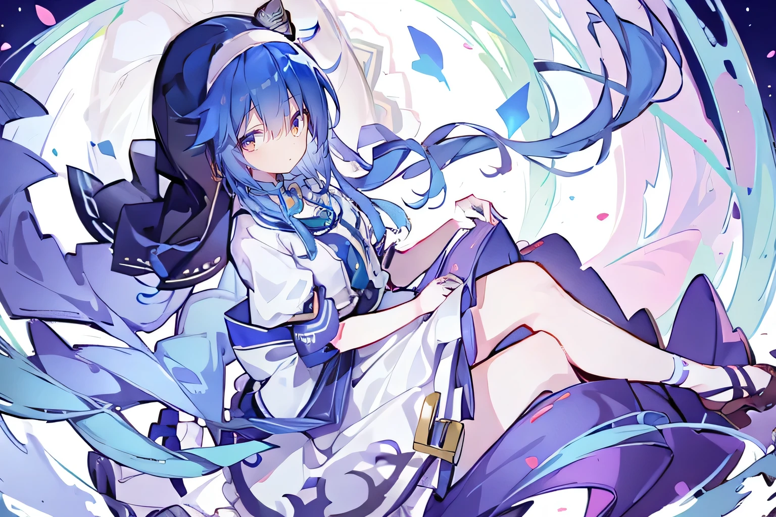 (masterpiece:1.2),Extremely detailed,Practical,expressive eyes,Fair skin,Perfect face shaping,1 Girl,
Japanese cartoons,Gorgeous blue hair, the long flowing blue hair,Floating clothes,Cat ears,Petals fall,beautiful lola,Young Angel,
Place your hands on your waist,sit elegantly on the ground,Cross your legs,Gentle and peaceful background,stately church,nun.