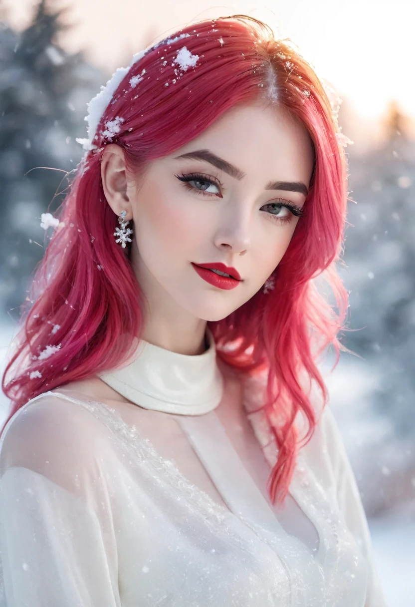 An extremely beautiful female model, perfect body. Photo taken with Canon EOS R5 85mm f/11 Camera, ((sharp)) mode of people and surrounding scenery. Image quality ((8K)), ((lifelike)), ((masterpiece)), ((sharp and highest contrast)), ((great depth of field)), ((light stereolithography)).
((Pink hair)), ((high-end cosmetic makeup)), ((bright, radiant smile)), ((brilliant glossy red lipstick)), ((Ivory, white skin bright)), detailed pores, ((glossy skin)), ((Light shining directly on the face)), bright sunlight.
Earrings, necklace, belt, ((thin shirt)), ((shiny leather skirt)), high heels, bracelets.
Model pose, ((white snow)), cold wind, frost, bitter cold, numbness, ((frozen)), snowflakes, loneliness, fanciful, dreamy, waiting, ((hy hope)).