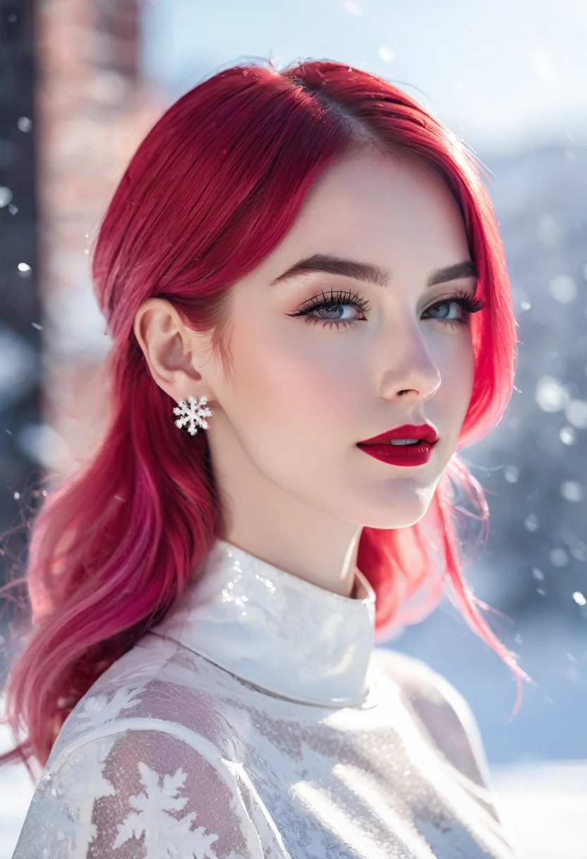 An extremely beautiful female model, perfect body. Photo taken with Canon EOS R5 85mm f/11 Camera, ((sharp)) mode of people and surrounding scenery. Image quality ((8K)), ((lifelike)), ((masterpiece)), ((sharp and highest contrast)), ((great depth of field)), ((light stereolithography)).
((Pink hair)), ((high-end cosmetic makeup)), ((bright, radiant smile)), ((brilliant glossy red lipstick)), ((Ivory, white skin bright)), detailed pores, ((glossy skin)), ((Light shining directly on the face)), bright sunlight.
Earrings, necklace, belt, ((thin shirt)), ((shiny leather skirt)), high heels, bracelets.
Model pose, ((white snow)), cold wind, frost, bitter cold, numbness, ((frozen)), snowflakes, loneliness, fanciful, dreamy, waiting, ((hy hope)).