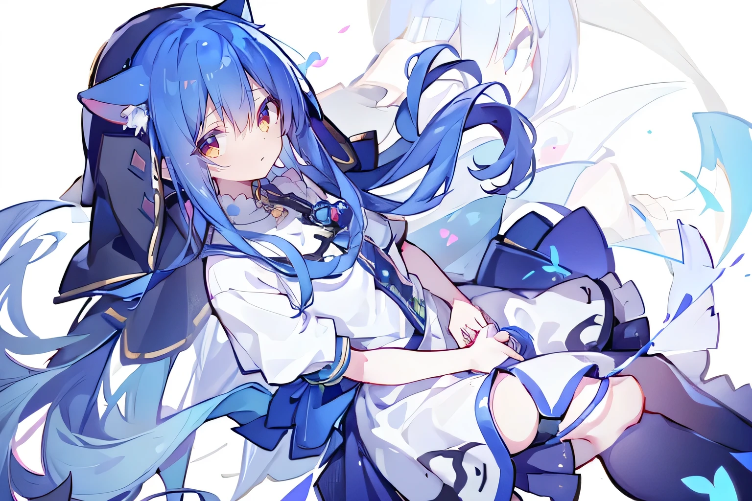 (masterpiece:1.2),Extremely detailed,Practical,expressive eyes,Fair skin,Perfect face shaping,1 Girl,
Japanese cartoons,Gorgeous blue hair, the long flowing blue hair,Floating clothes,Cat ears,Petals fall,beautiful lola,Young Angel,
Place your hands on your waist,sit elegantly on the ground,Cross your legs,Gentle and peaceful background,stately church,nun.