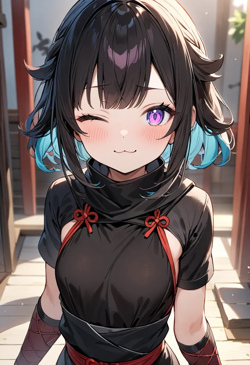 (masterpiece, top quality, very aesthetic, 4k、illustration), intricate detail, 1girl,Standing 、(upper body)、;3、;3、(;3),Cute 、one eye closed、Random Hair Color、,middle hair,sidelock ,Random Color eyes、ninja clothes、small breasts、Slim 、