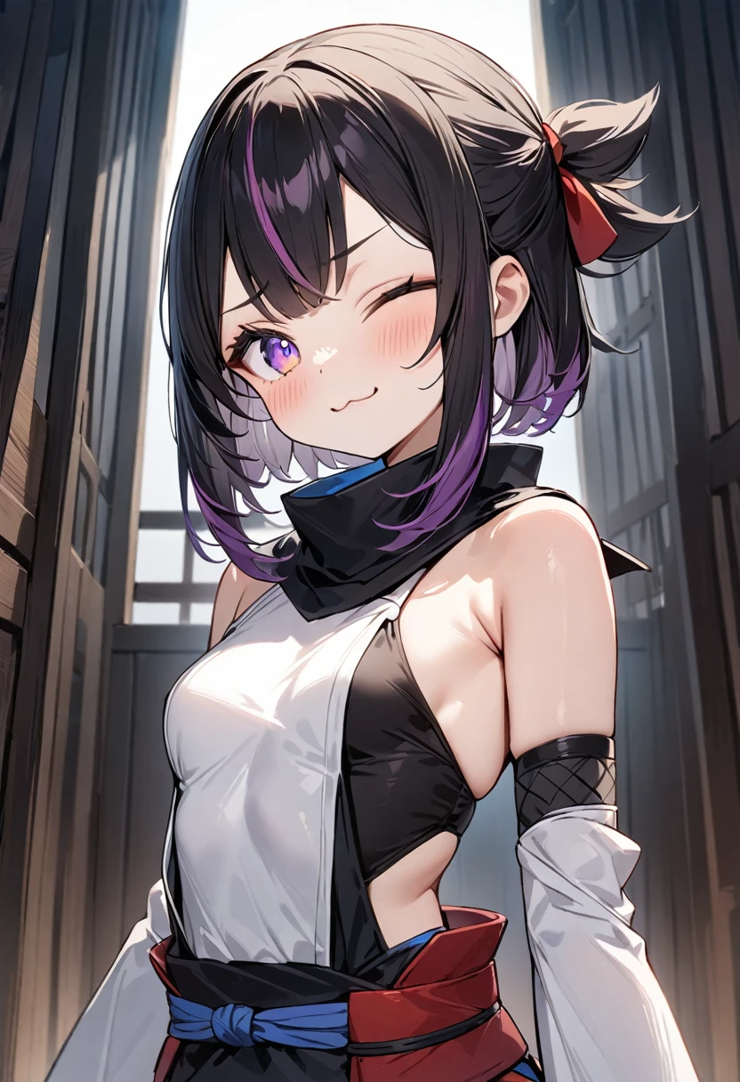 (masterpiece, top quality, very aesthetic, 4k、illustration), intricate detail, 1girl,Standing 、(upper body)、;3、;3、(;3),Cute 、one eye closed、Random Hair Color、,middle hair,sidelock ,Random Color　eyes、ninja clothes、small breasts、Slim 、