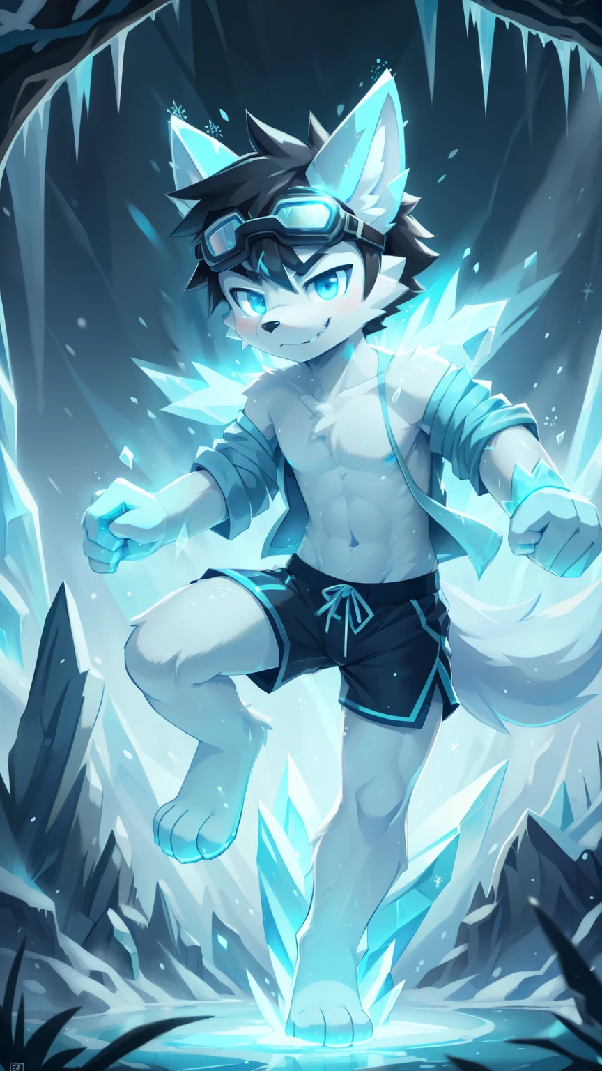score_9,score_8_up,score_7_up, source_cartoon, source_furry, Furry shota, wolf, black hair, long spiky ponytail, blue eyes, detailed body fur, ((goggles, blue hawaiian shirt, open clothes, one shoulder off, black swim trunks)), looking at another, fangs, clear grey body fur, detailed face, big eyebrows, detailed eyes, detailed body, detailed body fur, detailed hands, glistering body, shiny body, skinny, full body, feets with three toes, 3 toes, solo, ice forest, snow rain, :3, glowing blue eyes, from above, motion blur, standing, sexy, ((ice magic, ice magic aura, surrounded by frost aura, ice particles, ice on hands)), ice lake, glowing blue eyes, jump, fist stance, punch focus looking at you, smirk, 