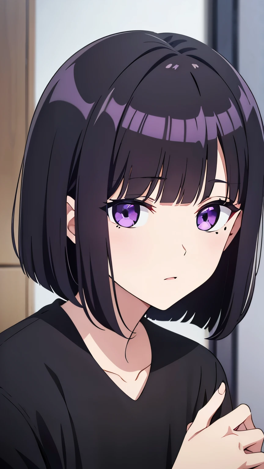 Black hair, short bob(With bangs)・Mole under left eye ・Eye color(purple)·whole body