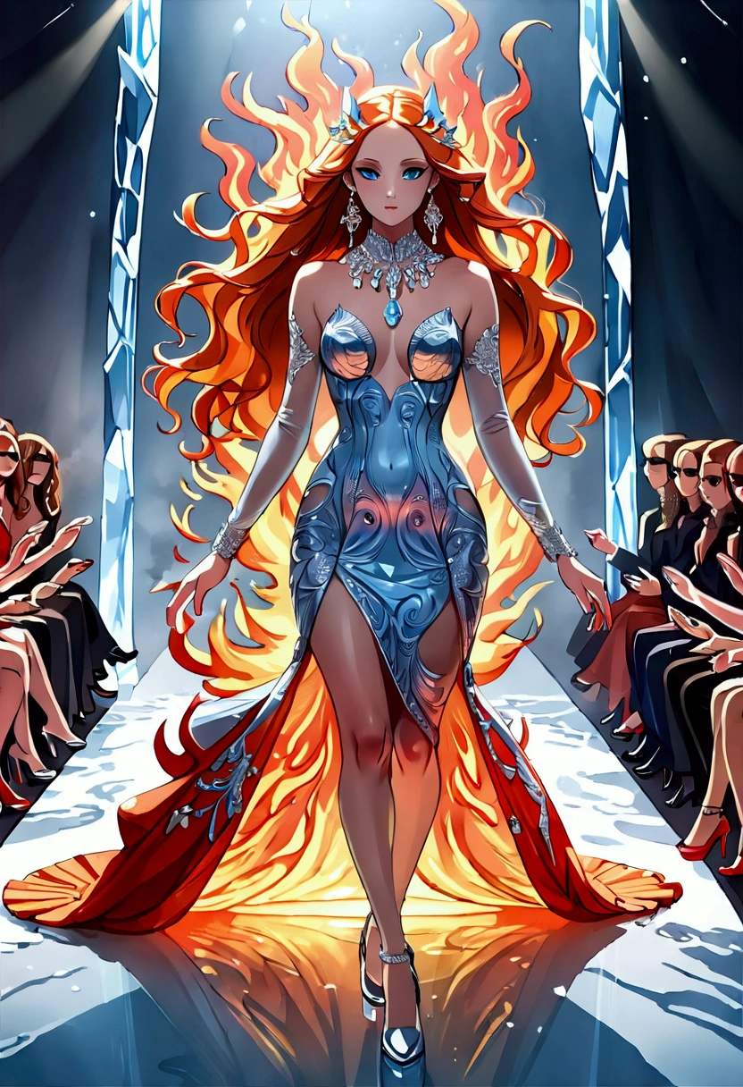 a glamour picture shot, of an elite model covered in fire walking on a icy catwalk, an extraordinary glamourous elite female model, ((full body: 1.5)),  ((anatomically correct: 1.5), (ultra detailed face: 1.2), best detailed face, orange hair, long hair, lush hair, glam hair cut, blue eyes, delicate face, light make up, wearing intricate detailed dress, glamour dress, haute couture dress, elite fashion dress, FireMagicAI,  small cleavage, wearing high heels, elegant high heels, she wears diamond necklace, she is covered in fire, she walks on an icy cat walk, image reflecting in the ice IceMagicAI, elite fashion show background, vibrant, Hyperrealism style, vibrant, Ultra-high resolution, High Contrast, (masterpiece:1.5), highest quality, Best aesthetics), best details, best quality, highres, ultra wide angle, 16k, [ultra detailed], masterpiece, best quality, (extremely detailed) RAW, chumbasket art style, photograph, photograph
