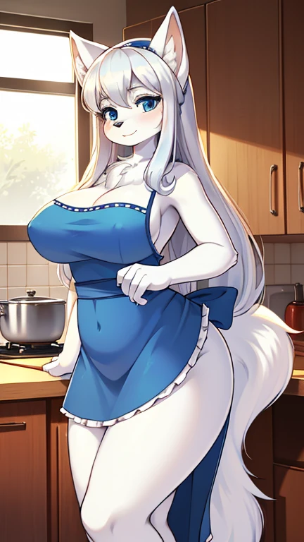 best quality, best resolution, solo, (fluffy anthro furry), arctic fox woman, 30 years old, silver hair, blue eyes, (white fur), big breast, hourglass figure, sophisticated manner, (blue dress, skirt apron, 60's long hairstyle), 50s retro style kitchen