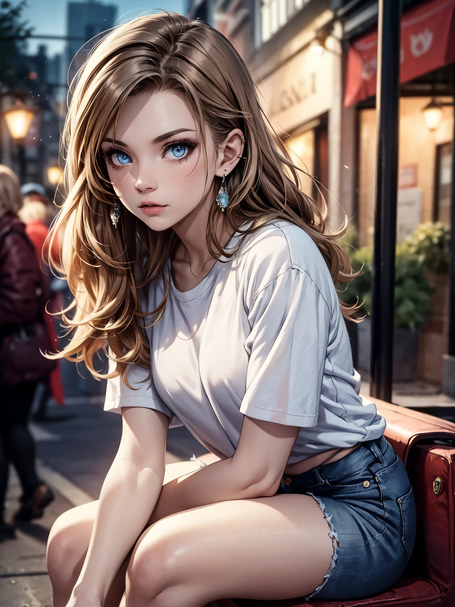 Top quality, masterpiece, ultra high definition, (Real: 1.4), Original photo, (Evening Street), 1 girl, blue eyes, looking at the audience, long hair, light makeup, lips, small ears, white t-shirt, denim shorts, earrings, sitting Ferrari, slim, neat, park, renatadaninsky 
 sultry look, seductive,
