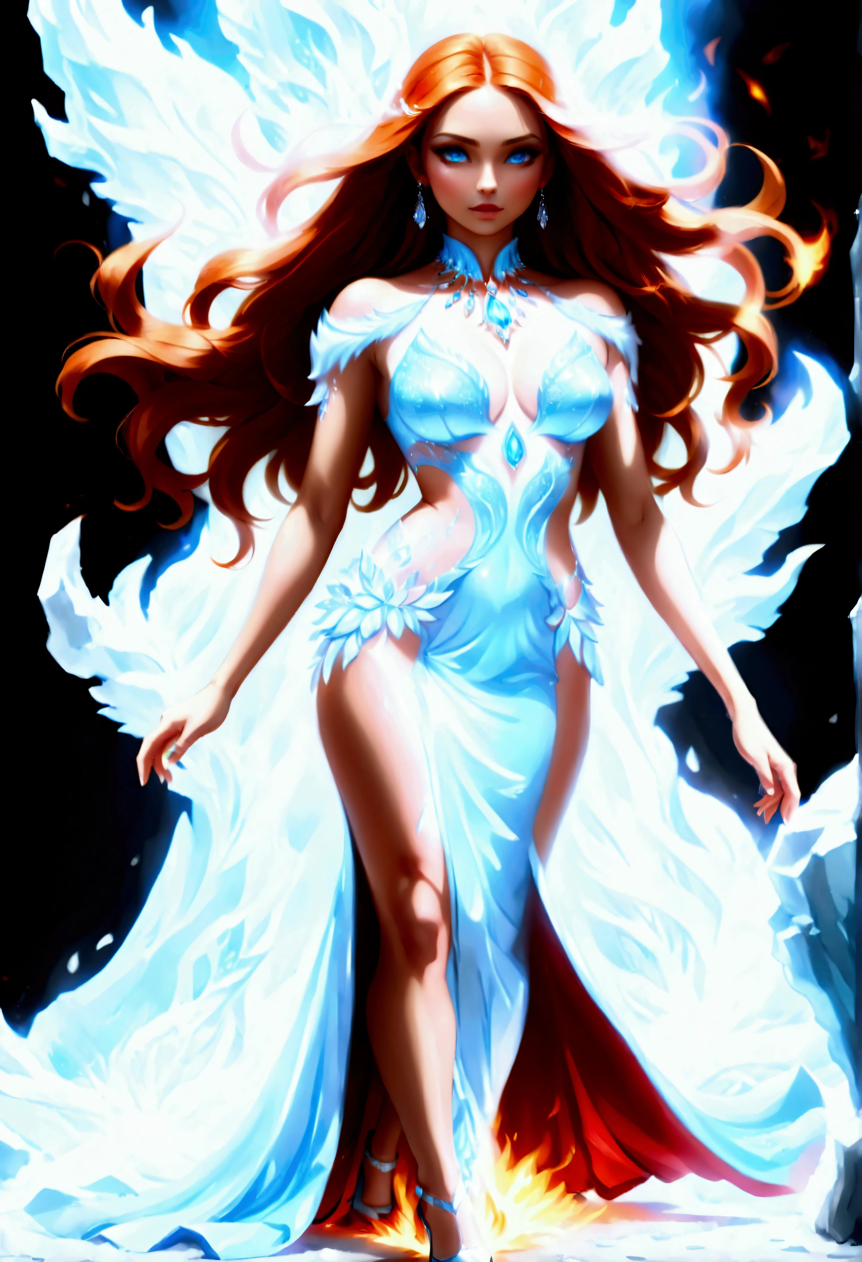 a glamour picture shot, of an elite model covered in fire walking on a icy catwalk, an extraordinary glamourous elite female model, ((full body: 1.5)),  ((anatomically correct: 1.5), (ultra detailed face: 1.2), best detailed face, orange hair, long hair, lush hair, glam hair cut, blue eyes, delicate face, light make up, wearing intricate detailed dress, glamour dress, haute couture dress, elite fashion dress, FireMagicAI,  small cleavage, wearing high heels, elegant high heels, she wears diamond necklace, she is covered in fire, she walks on an icy catwalk, image reflecting in the ice IceMagicAI, elite fashion show background vibrant, Hyperrealism style, vibrant, Ultra-high resolution, High Contrast, (masterpiece:1.5), highest quality, Best aesthetics), best details, best quality, highres, ultra wide angle, 16k, [ultra detailed], masterpiece, best quality, (extremely detailed) RAW, chumbasket art style, photograph, photograph