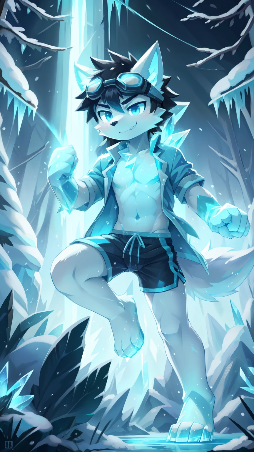 score_9,score_8_up,score_7_up, source_cartoon, source_furry, Furry shota, wolf, black hair, long spiky ponytail, blue eyes, detailed body fur, ((goggles, blue hawaiian shirt, open clothes, black swim trunks)), looking at another, fangs, clear grey body fur, detailed face, big eyebrows, detailed eyes, detailed body, detailed body fur, detailed hands, glistering body, shiny body, skinny, full body, feets with three toes, 3 toes, solo, ice forest, snow rain, :3, glowing blue eyes, from above, motion blur, standing, sexy, ((ice magic, ice magic aura, surrounded by frost aura, ice particles, ice on hands)), ice lake, glowing blue eyes, jump, fist stance, punch focus looking at you, smirk, 