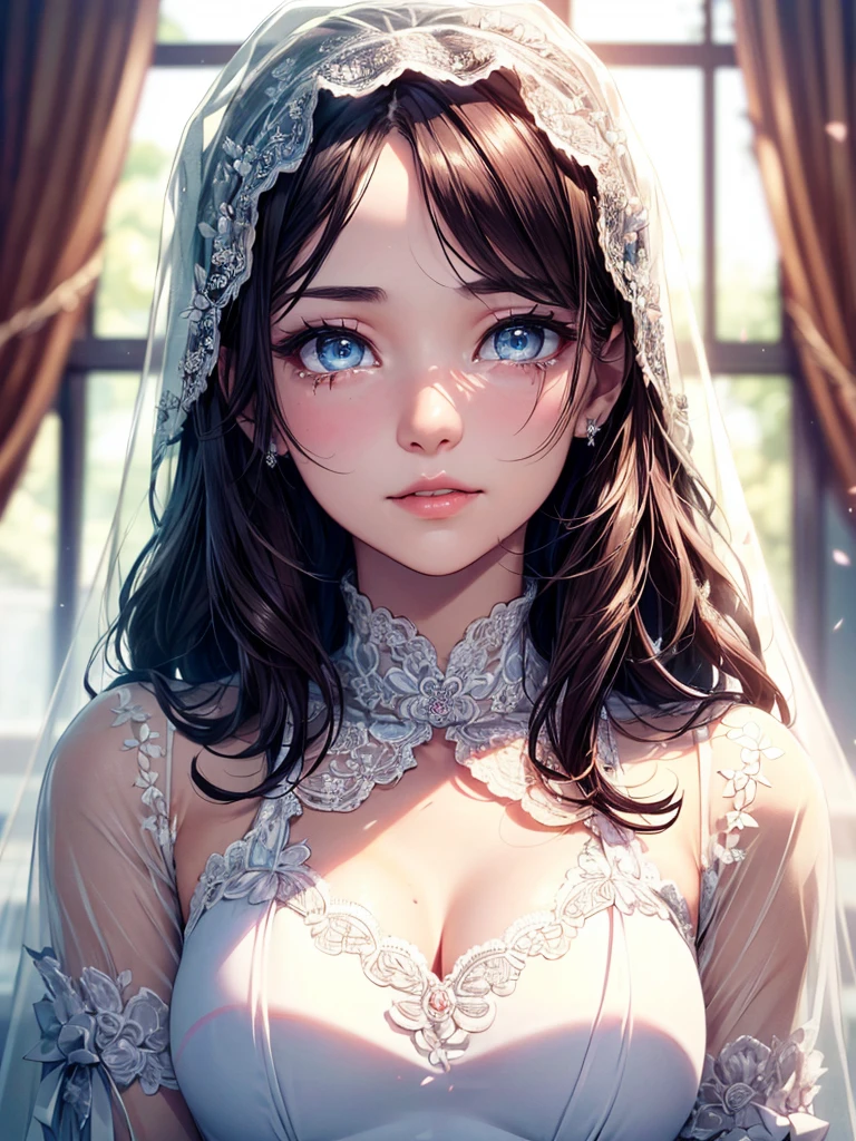 concept:beautiful woman portrait。 quality:(highest quality, 8k, 4K, High resolution, masterpiece:1.2), Super detailed, (real, photorealistic:1.37), lighting effects:cinematic light, Bright colors and mesmerizing effects, soft and delicate illumination, gentle shine, Lens flare, Subject information:alone, ((young woman)), (narrow eyes), (small face), (high detail skin:1.2), long eyelashes, glossy lips, (bionde, long hair, Blue eyes), slim body shape:1.4, Highly detailed face and skin texture, tears of joy, facing the front:1.2, photo shootのためポーズをとる, (((pure white wedding dress:1.2, Pure Bride Costume:1.2, beautiful veil, Dress embroidery using delicate techniques, dress with delicate lace))), I&#39;m so moved that I burst into tears, Laughing and crying, Other details:Chapel:1.5, standing pose:1.2, beautiful skin, shiny skin, perfect fingers, five fingers, anatomically correct, background bokeh, Lens flare, 300㎜, f/4, photo shoot,
 sultry look, seductive,
