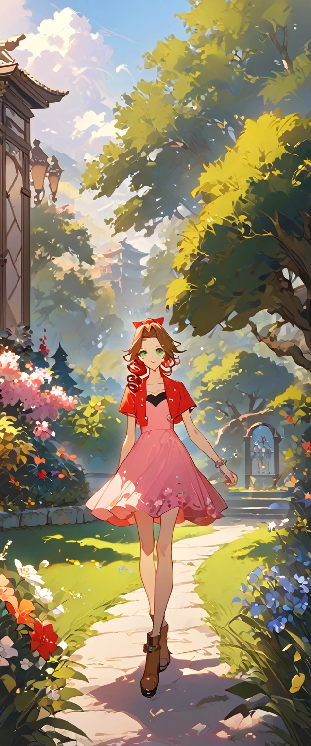 masterpiece, best quality, 8k, 4k, 1girl, aerith gainsborough, brown hair, high middle bang, longer side curly bang, long tight curly ponytail, green eyes, red hair ribbon, red bolero jacket, short sleeve jacket, cropped jacket, black tie choker, long pink straight dress, brown boots, bangles, walking in a garden, flowers, detailed background,, inspired by Asukaziye artist : ask, art style : ask