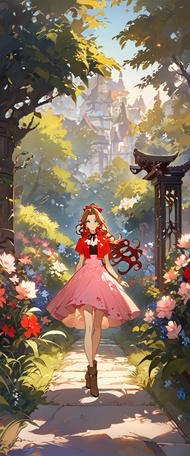 masterpiece, best quality, 8k, 4k, 1girl, aerith gainsborough, brown hair, high middle bang, longer side curly bang, long tight curly ponytail, green eyes, red hair ribbon, red bolero jacket, short sleeve jacket, cropped jacket, black tie choker, long pink straight dress, brown boots, bangles, walking in a garden, flowers, detailed background,, inspired by Asukaziye artist : ask, art style : ask