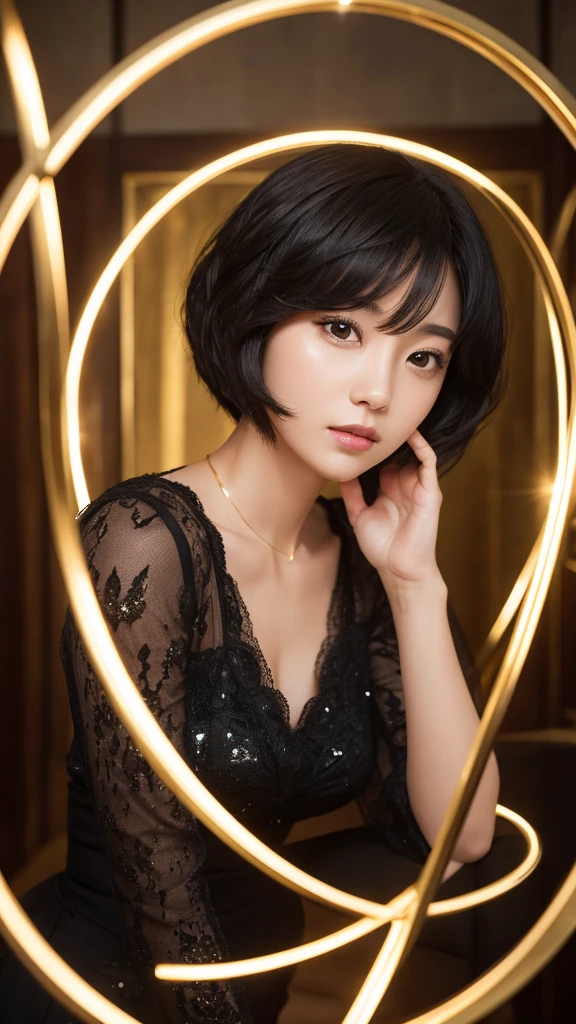 woman gold mystery Light crown blackhair short hair