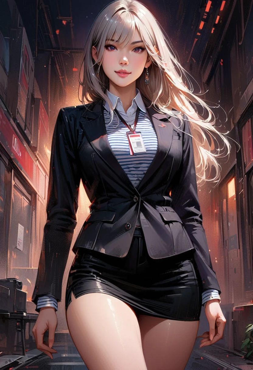 (masterpiece:1.2, Highest quality), (Realistic, photoRealistic:1.4), Beautiful illustrations, (Natural Side Lighting, Cinema Lighting),
View your viewers, Cowboy Shot, Front view, 1 girl, Japanese, high school girl, Perfect Face, Cute and symmetrical face, Glowing Skin, Baby Face,
(Long Hair, Straight hair, Silver Hair), Hair between the eyes, Purple eyes, (Middle chest, Captivating thighs, Big Ass), Earrings,
Beautiful Hair, Beautiful Face, Beautiful attention to detail, Beautiful clavicle, Beautiful body, Beautiful breasts, Beautiful thighs, Beautiful feet, Beautiful fingers,
((Long sleeve, White collar striped shirt, Black suit jacket, Black Pencil Skirt), ID card, strap, Black high heels),
(Beautiful views), evening, office, walk, (Cute smile, Upward glance),