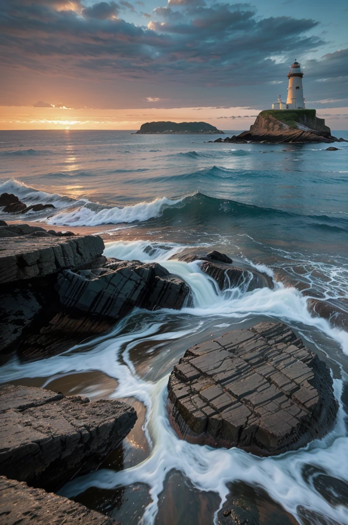 Draw a seascape with a lighthouse at sunset