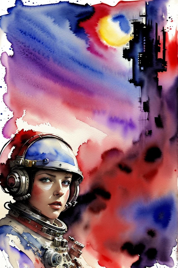 (masterpiece, top quality, best quality, extreme detailed, highest detailed, official art, beautiful and aesthetic:1.2), colorful, cowboy shot, beautiful face, solo, perfect body, 1girl, in space, spacecraft, spacesuit, sun rays, indoors, (wires and cables:1.1), (science fiction:1.2), porthole, illuminator, stars,fantasy, high contrast, ink strokes, explosions, over exposure, purple and red tone impression , abstract, ((watercolor painting by John Berkey and Jeremy Mann )) brush strokes, negative space,