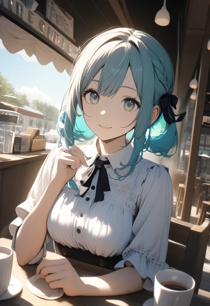 Light blue hair、Short Bob、Deep green eyes、Small breasts、Age 25、White short sleeve blouse、Black tight skirt、Pearl Pendant、Pearl Earrings、smile、Are standing、Focusing on what's in front of you、Side Shot