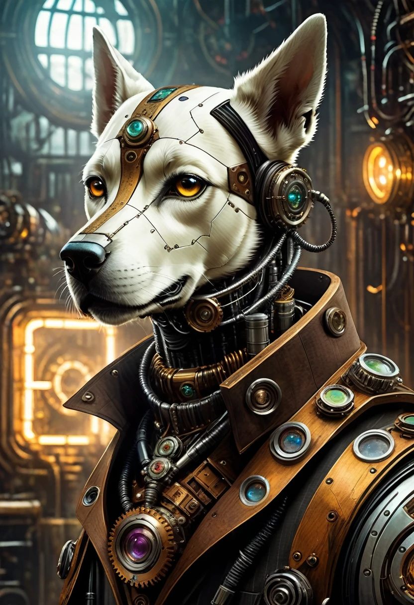 (((Cybernetic handsome boy))) adorned with steampunk elements, blending seamlessly into a cyberpunk environment, (mysterious) and (dystopian) ambiance, (masterpiece) of digital art