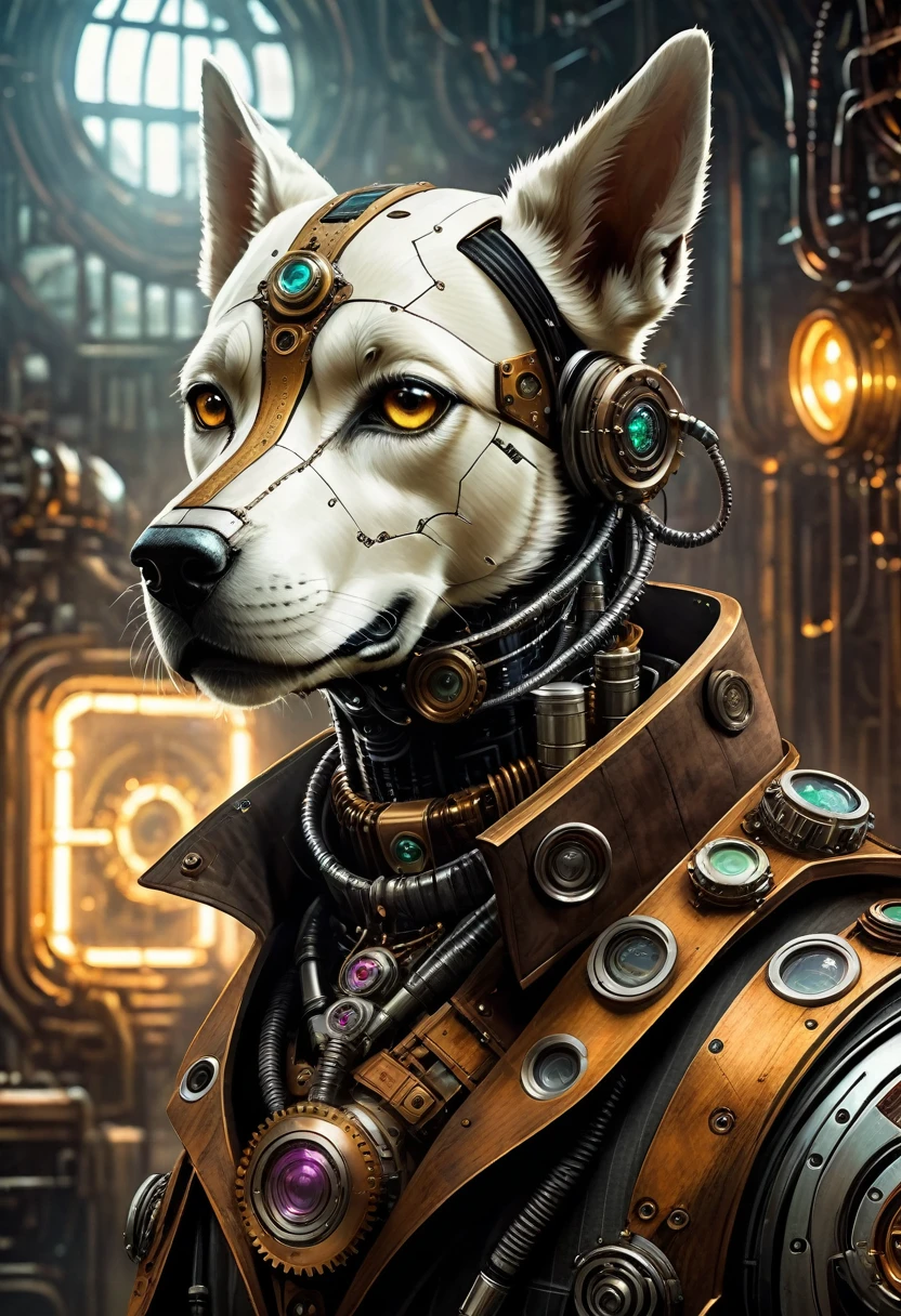 (((Cybernetic handsome boy))) adorned with steampunk elements, blending seamlessly into a cyberpunk environment, (mysterious) and (dystopian) ambiance, (masterpiece) of digital art