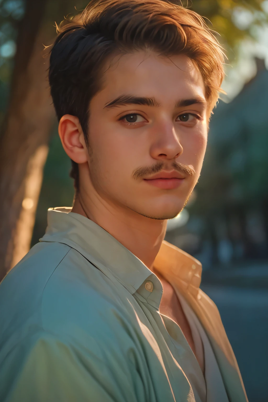 Handsome Men Portrait, shot on leica, shadowplay, gorgeous lighting, subtle pastel hues, outdoors ,solo,pretty, bright face,medium shot, twinked, thin slight moustached 