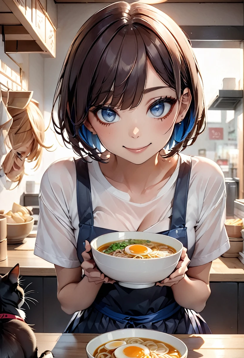 Masterpiece 1.1,Highest quality,8k,Small ramen shop,Counter seats,A white bowl filled with bean sprouts,A red saucer under the bowl,Large serving with 5 slices of roast pork,Boil eggs,Noodle fever々,どんぶりの横に全身のRealな黒猫1,The mouth of a black cat is white,Black cats have white paws,The black cat is trying to smell the bowl,A woman behind the counter,The woman is hiding from the chest down behind the counter.,Real,Bangs are blunt,Brown Hair,short hair,30th Generation,Fair skin makeup,Big Eyes,Gloss Lip,T-Shirts,Navy blue apron,fine,smile,Glamour,looking at the camera,