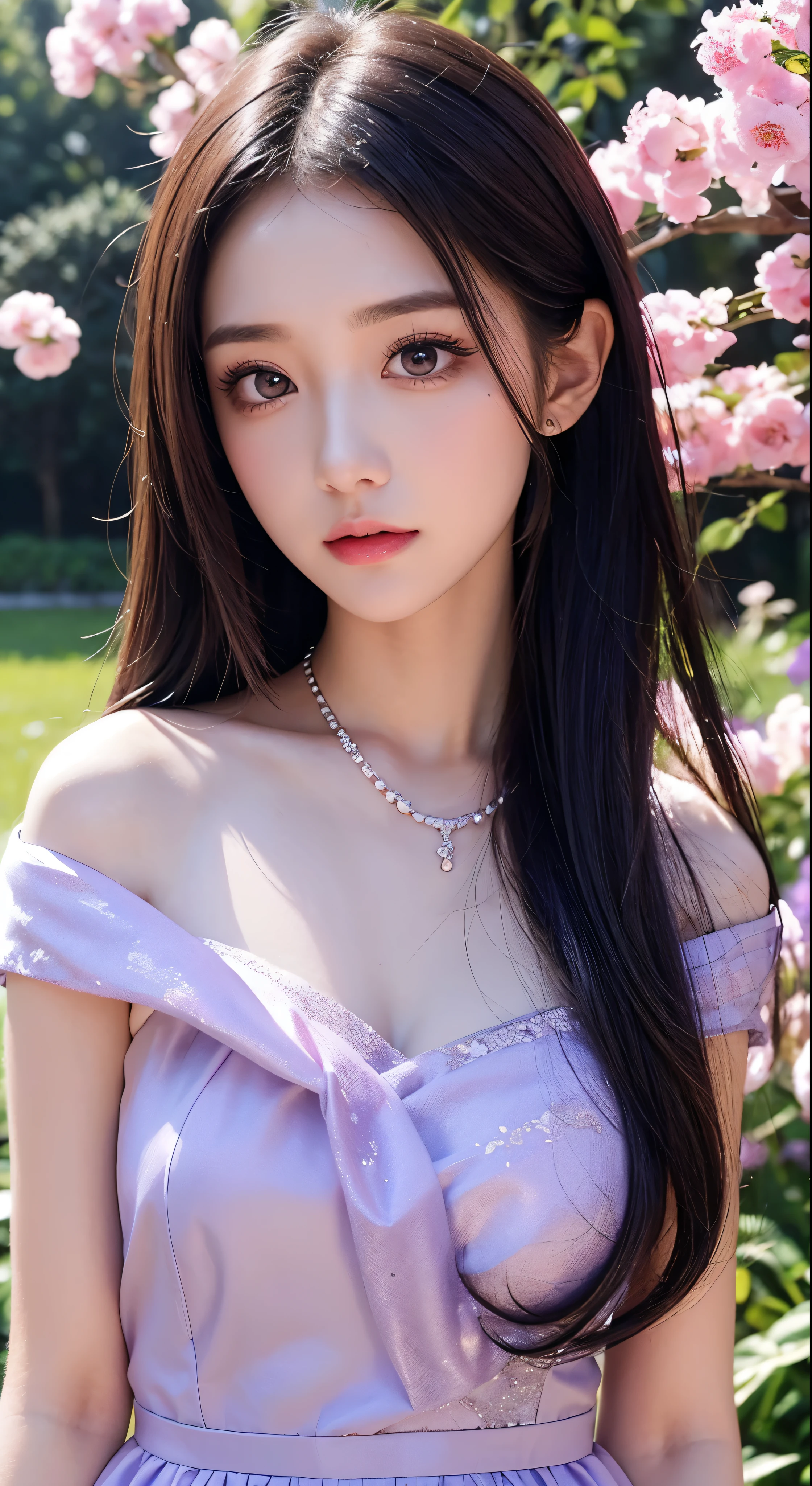 with high definition images，Beautiful girls、Hair over the shoulder、Clear Eyes、Smooth Hair、Exquisite and perfect facial features、Beautiful woman in purple dress，Facial details，The most beautiful big eyes、Long eyelashes、Sweet eyes of a lying silkworm、Dynamic angle、Ultimate image quality、Highest precision、Accurate and perfect 、necklace、Close-up、Outdoor、Background is flowers and plants、Long Shot、Full body high quality images